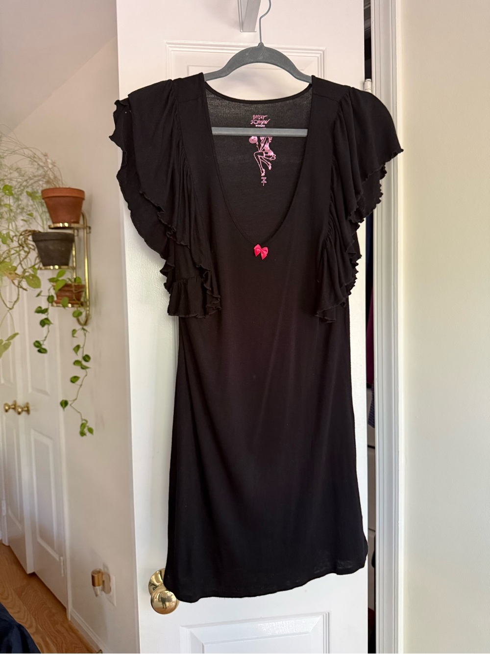 Vintage Betsey Johnson Intimates Black Flutter Ruffle Sleeve Mini Dress - Size S